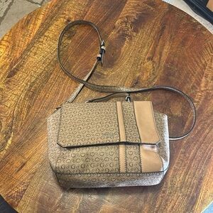 Vintage Guess 1981 Signature Brown Monogram Flap Top Handle/Cross Body Bag